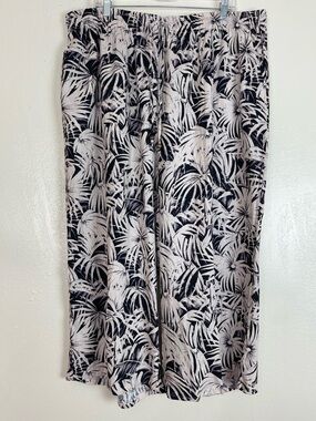 Panama Jack Black and Cream Leaf-Print Wide Leg Linen Pants